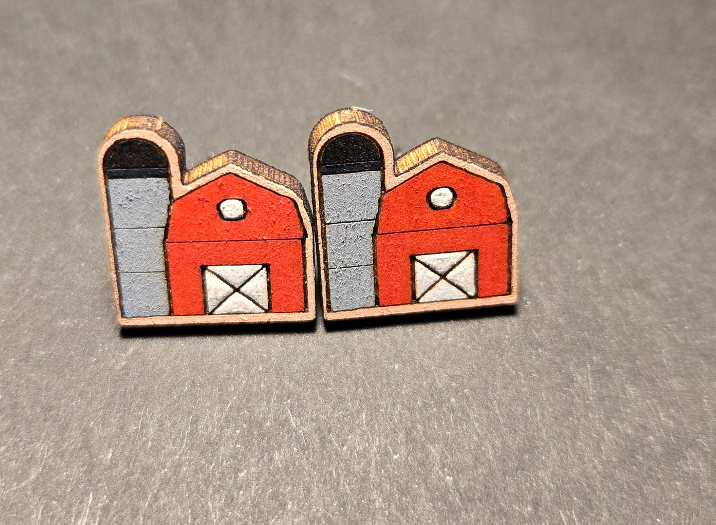 Wood Stud Earrings- Barn with Silo