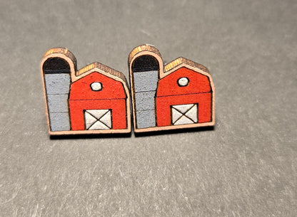 Wood Stud Earrings- Barn with Silo