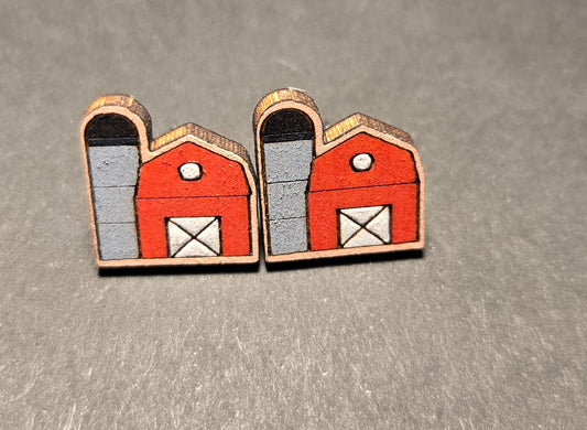 Wood Stud Earrings- Barn with Silo