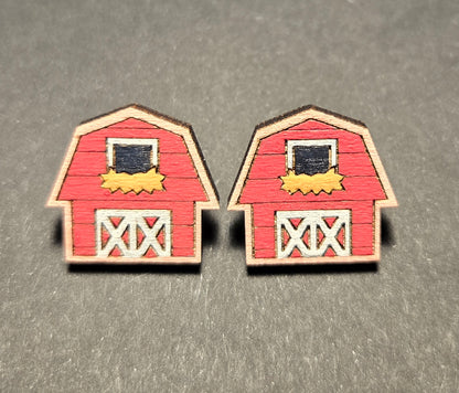 Wood Stud Earrings- Barn
