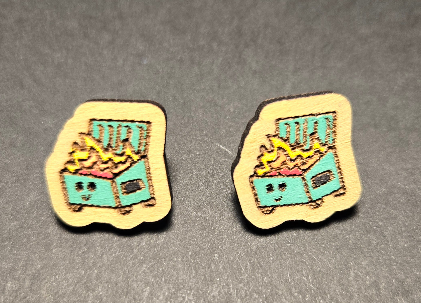 Wood Stud Earrings- Dumpster Fire