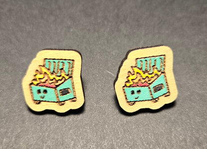Wood Stud Earrings- Dumpster Fire