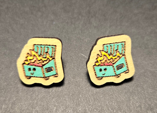 Wood Stud Earrings- Dumpster Fire