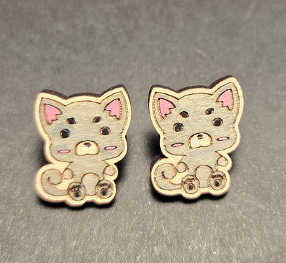 Wood Stud Earrings-Cat Critter