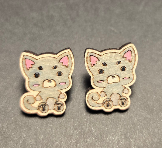 Wood Stud Earrings-Cat Critter