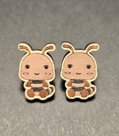 Wood Stud Earrings-Caterpillar Critter