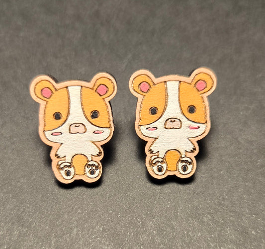 Wood Stud Earrings-Hamster Critter