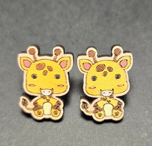Wood Stud Earrings-Giraffe Critter