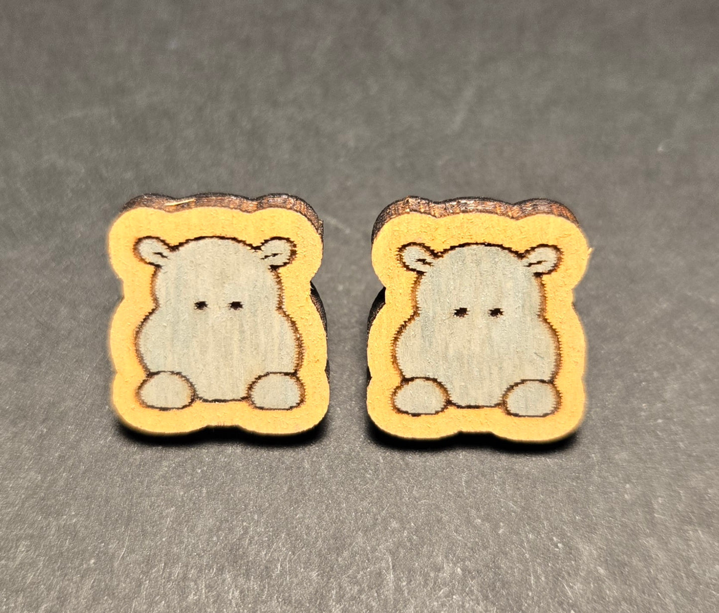 Wood Stud Earrings- Hippo Critter
