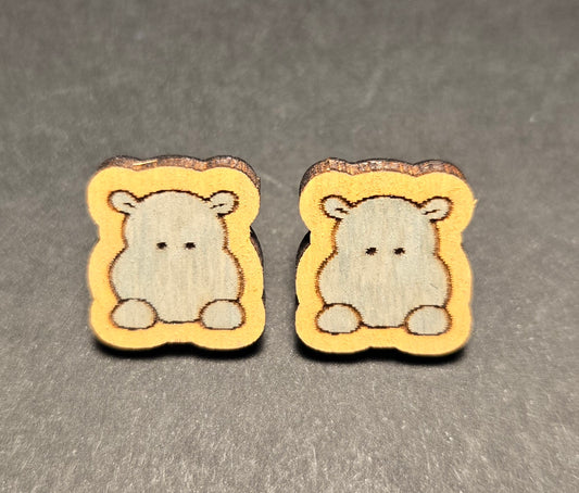 Wood Stud Earrings- Hippo Critter