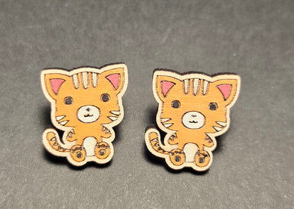 Wood Stud Earrings-Cat Critter