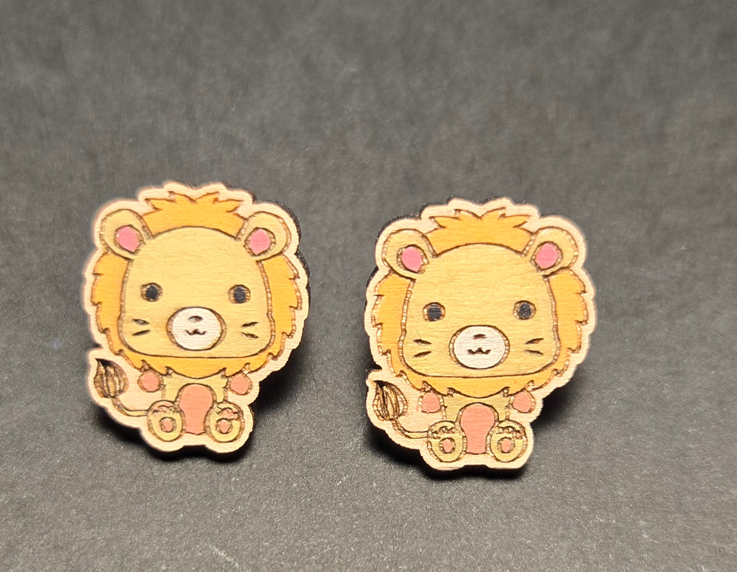 Wood Stud Earrings-Lion Critter