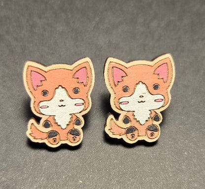 Wood Stud Earrings-Cat Critter