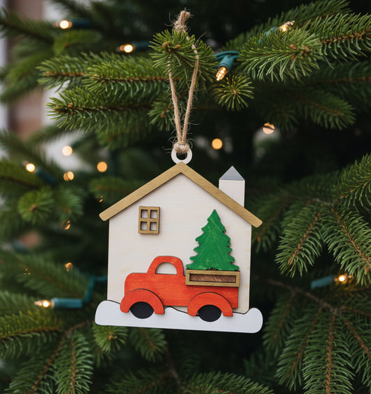 Wood Christmas Ornaments: House and Red Truck