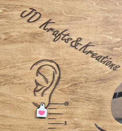 Wood Stud Earrings- Cow Tag with Heart