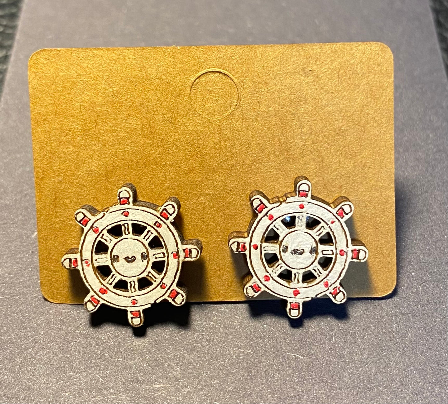 Wood Stud Earrings- Captain's Wheel