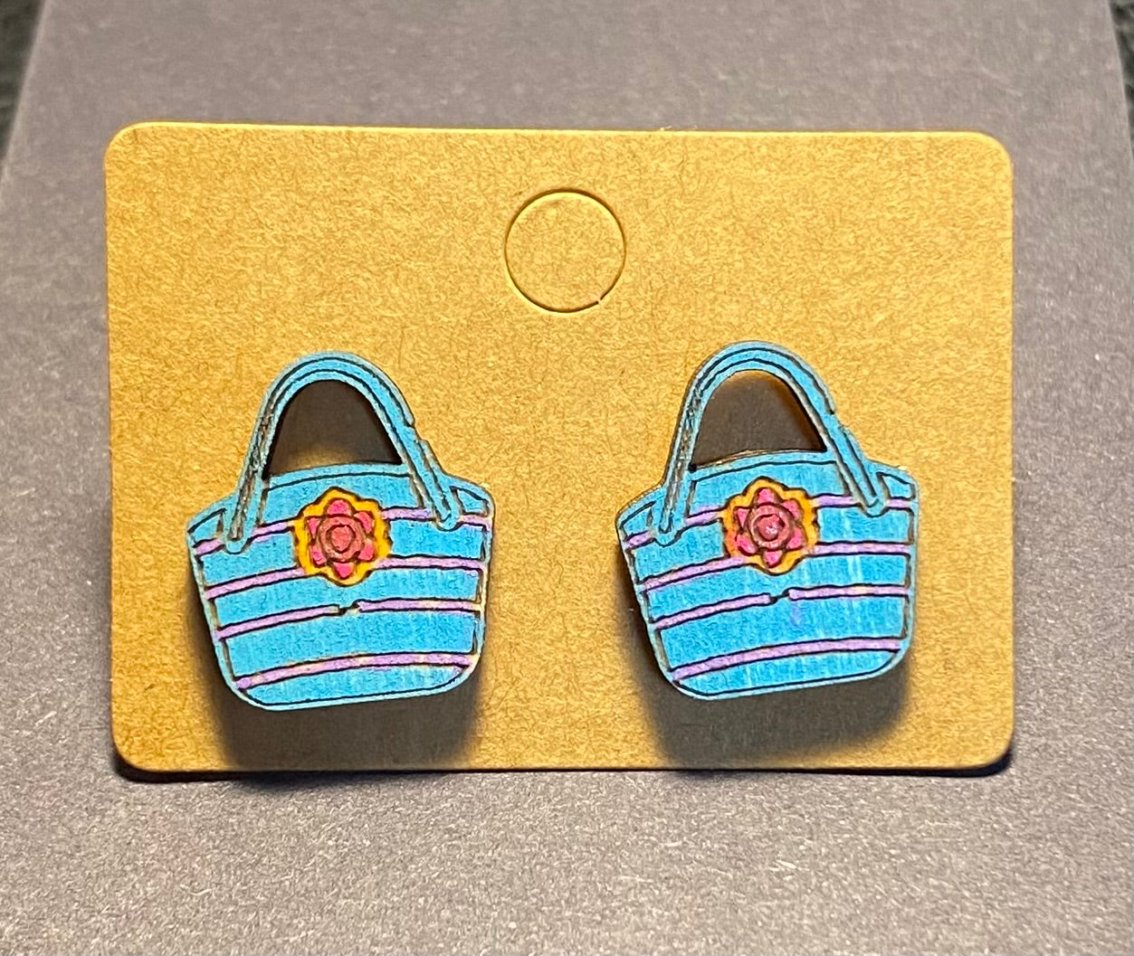 Wood Stud Earrings- Beach Bag