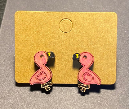 Wood Stud Earrings- Flamingo