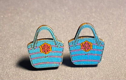 Wood Stud Earrings- Beach Bag