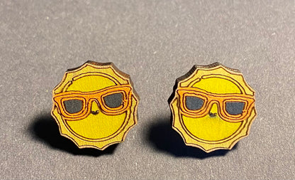 Wood Stud Earrings- Sun with Shades