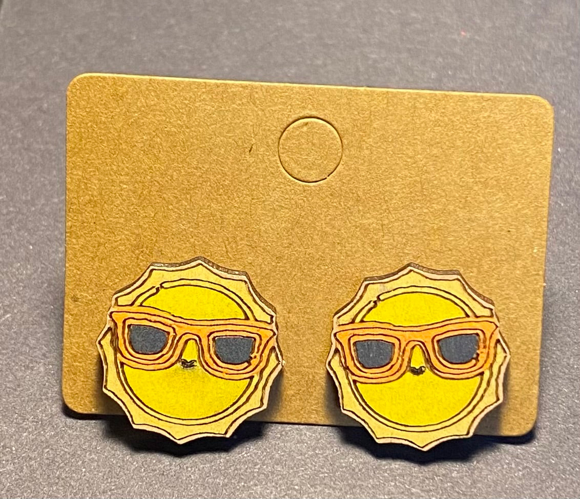 Wood Stud Earrings- Sun with Shades