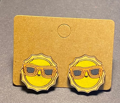 Wood Stud Earrings- Sun with Shades