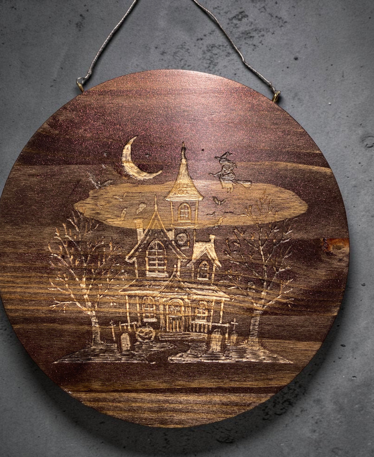 Haunted House Round Wood Carving