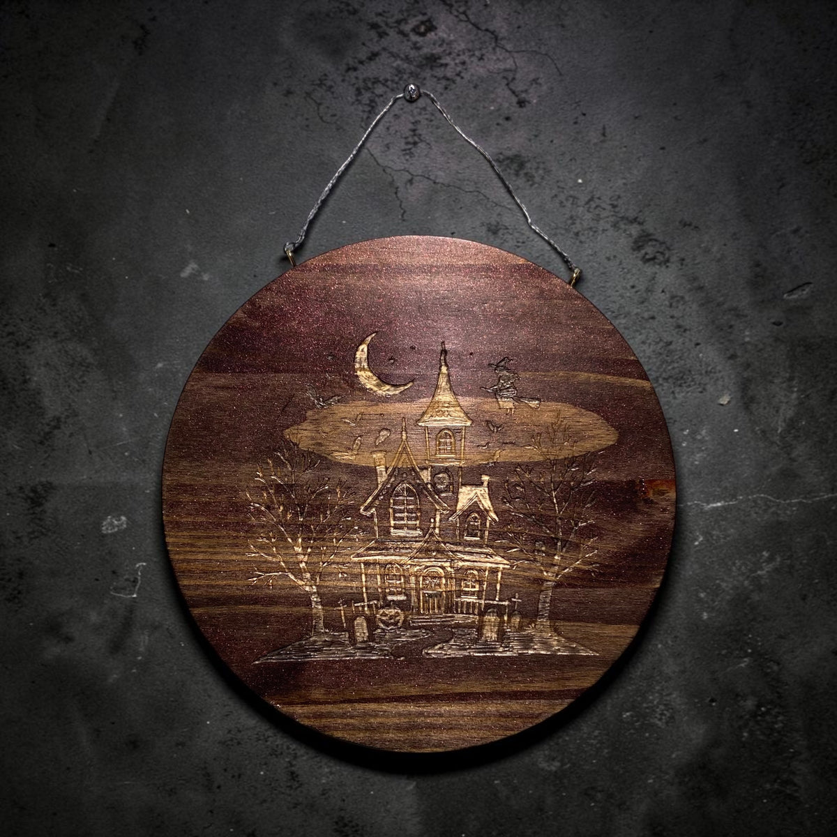 Haunted House Round Wood Carving