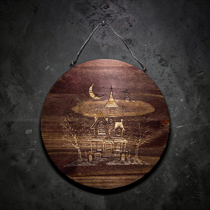 Haunted House Round Wood Carving