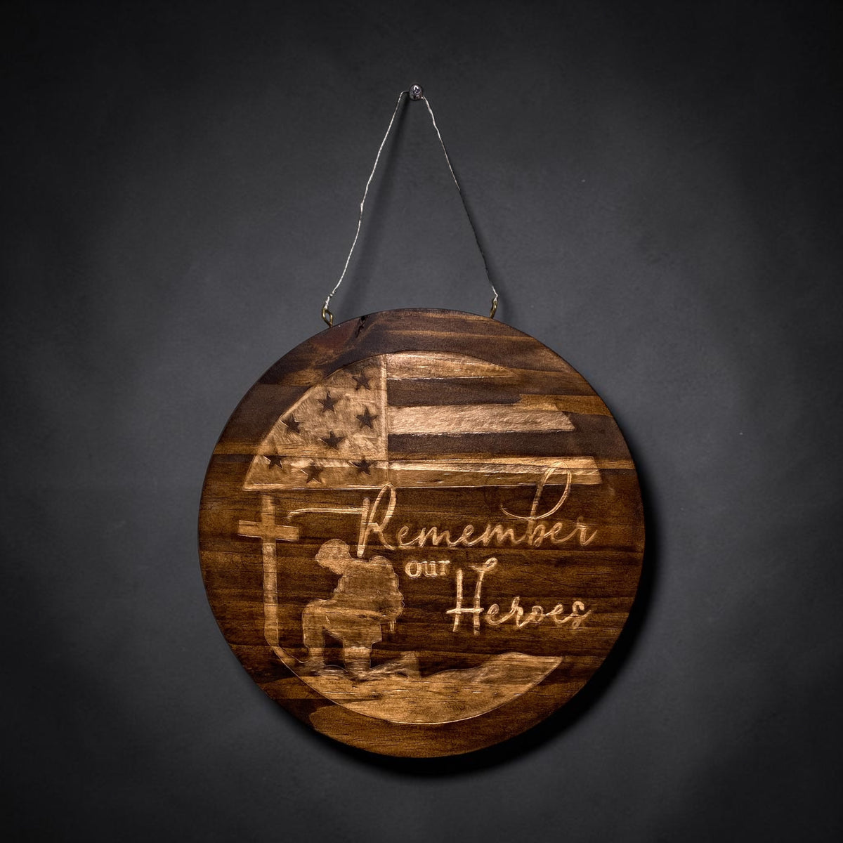 Remember Our Heroes Round Wood Carving