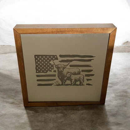 Highlander Cows with Flag Mirror Light Box