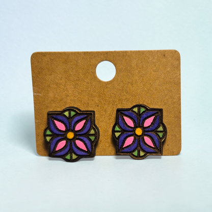 Wood Stud Earrings- Mandela Purple Pink Flower