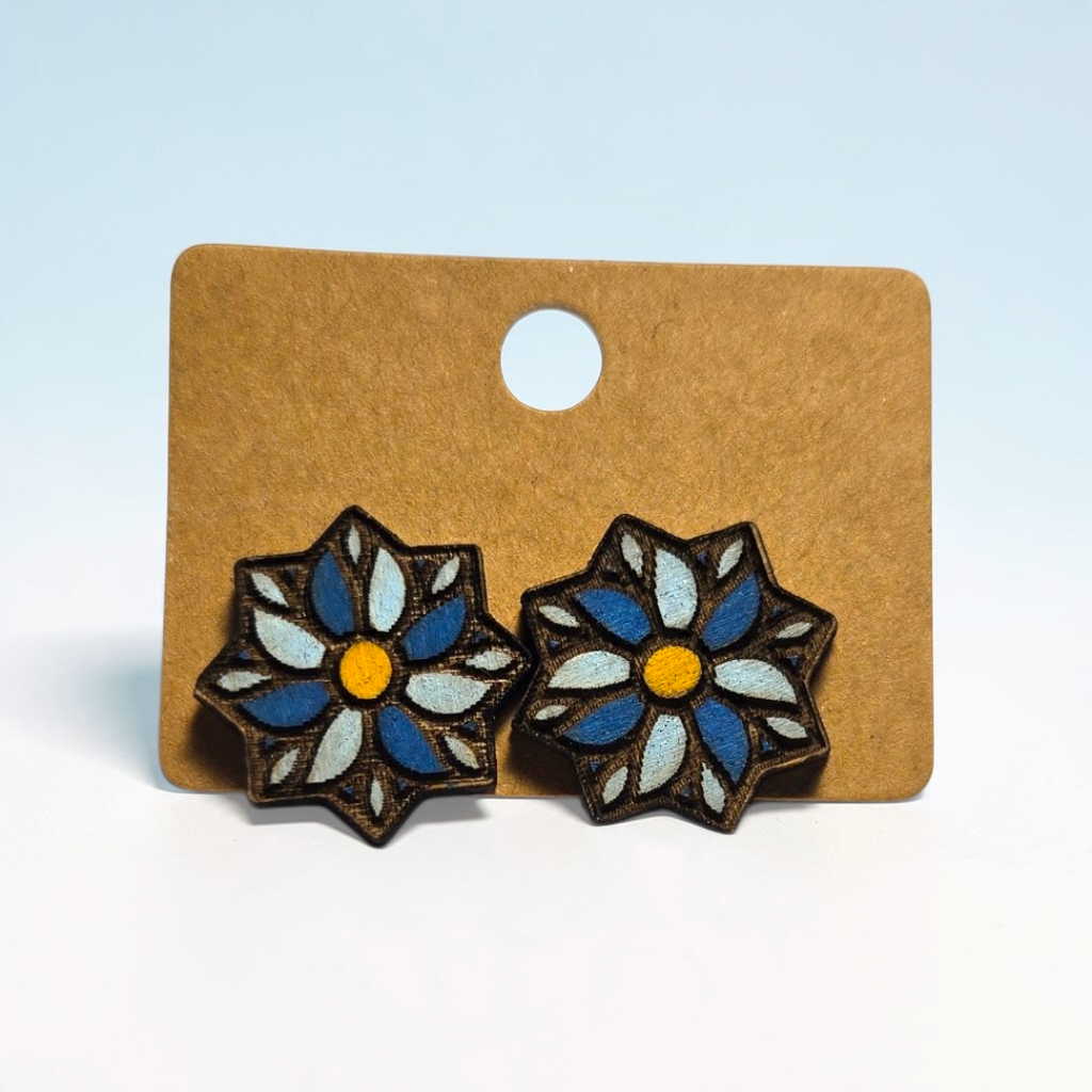 Wood Stud Earrings- Blue Flower