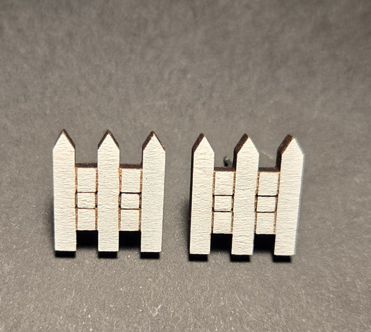 Wood Stud Earrings- White Picket Fence