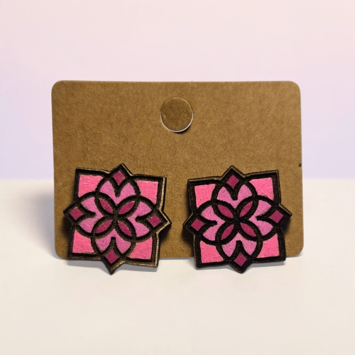 Wood Stud Earrings- Mandela Pink Flower
